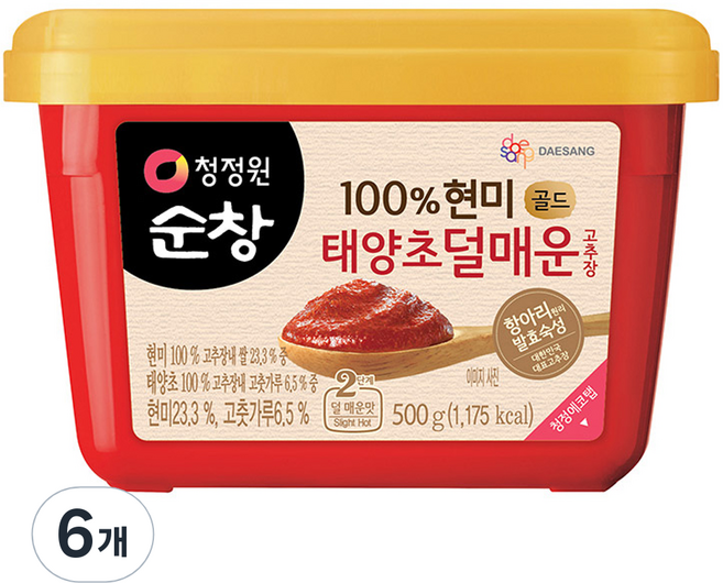 청정원순창 100% 현미 골드 태양초 덜매운 고추장, 500g, 6개
