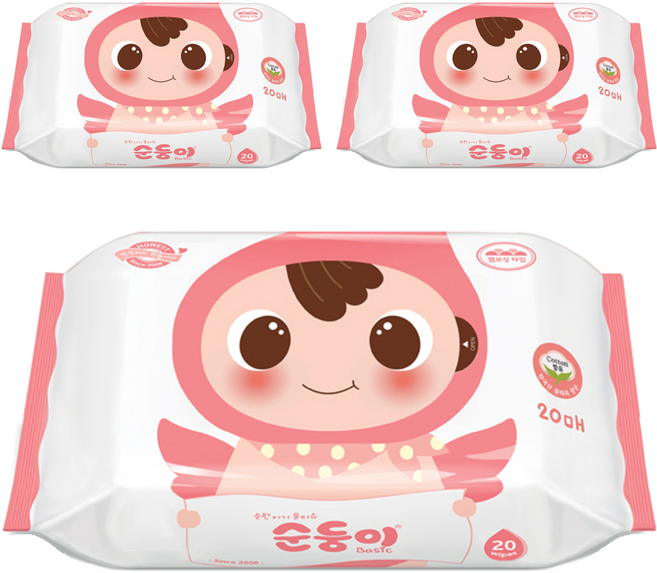 순둥이 베이직 무향 엠보싱 아기 물티슈 휴대 리필형, 3개, 20매, 55g