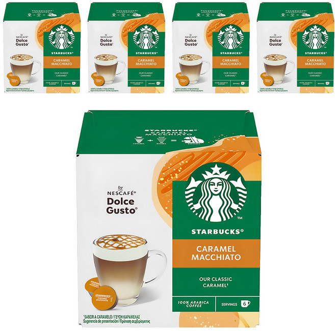 STARBUCKS 星巴克 NESCAFE 雀巢咖啡 Dolce Gusto 多趣酷思 焦糖瑪奇朵咖啡膠囊 咖啡膠囊5.5g 6顆 + 牛奶膠囊15.8g 6顆, 5盒, 21.3g, 12顆