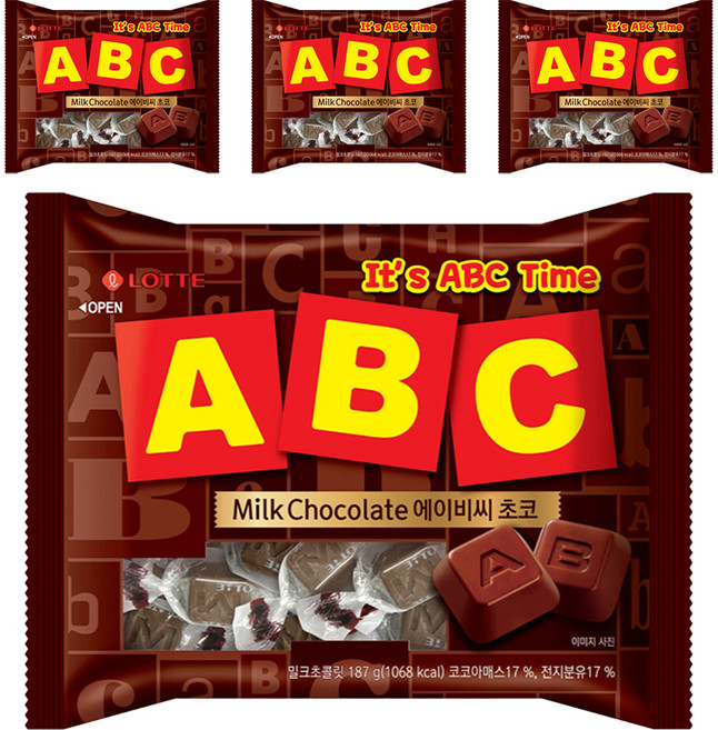 롯데웰푸드 ABC 초코 밀크 초콜릿, 187g, 4개