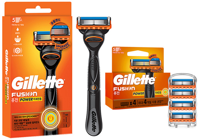 질레트 퓨전 파워 면도기 핸들 + 면도날5p, 1세트