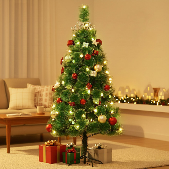 크리스마스 트리 세트 트리+오너먼트+별토퍼+트리스커트+전구, 그린