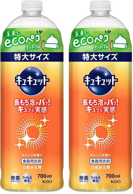 Kao 花王 Cucute 珂珂透 餐具洗碗精補充瓶 柑橘香, 700ml, 2瓶
