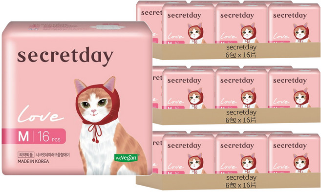 secretday 韓國原裝進口 Love系列 衛生棉 蝶翼型, M(24.5cm), 16片, 18包