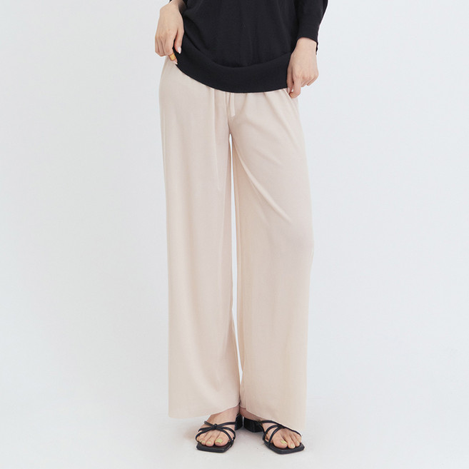 엘쏘 여성용 컬러라인 허리밴딩 와이드 데일리 팬츠