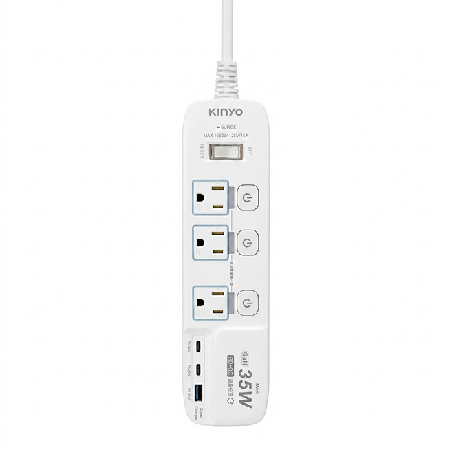Kinyo 延長用電源線組 附USB充電座 60 x 27 x 229mm 592g, 2.7m, 白色, 1組