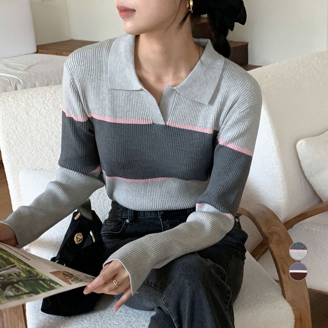afinar 女款 RNP 羅紋彈力翻領條紋毛衣針織衫