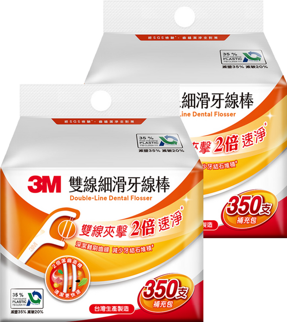 3M 細滑牙線棒 雙線補充包 DF04, 8cm, 350支, 2包