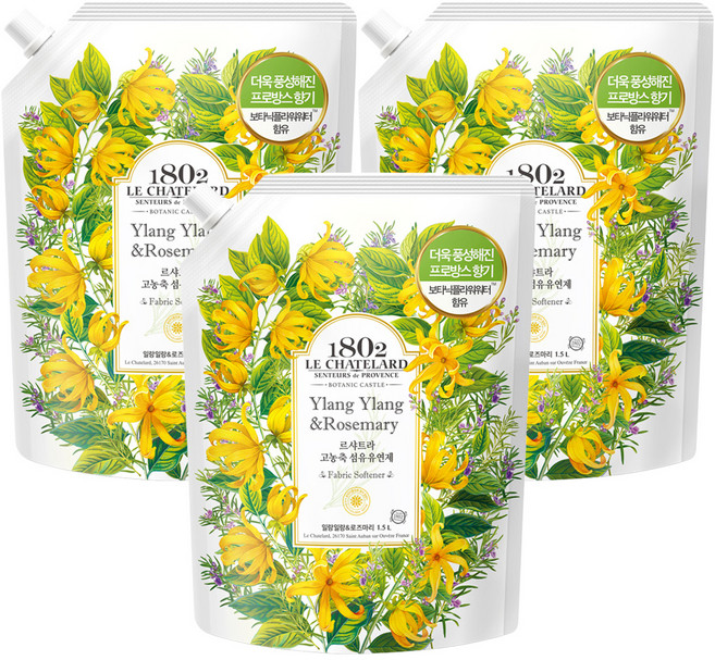 르샤트라1802 보타닉 캐슬 섬유유연제 일랑일랑 로즈마리 리필, 1.5L, 3개