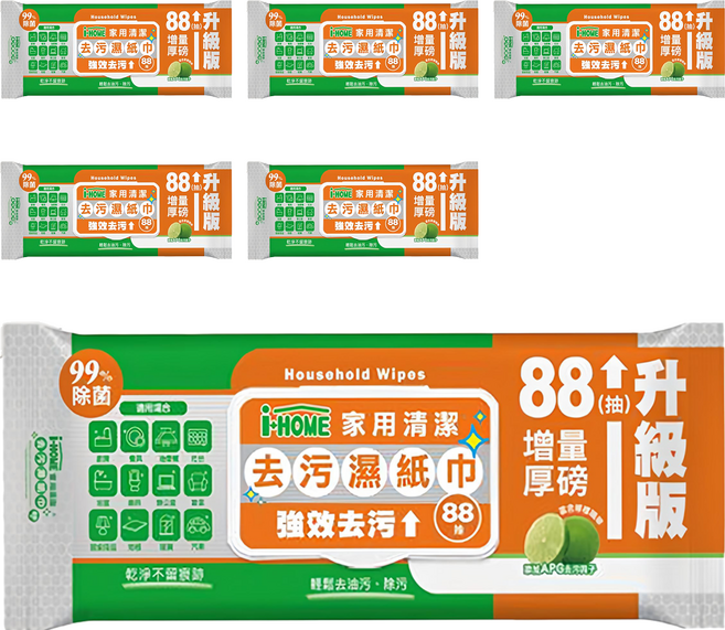 i HOME 家用清潔去污濕紙巾 檸檬 88張, 6包