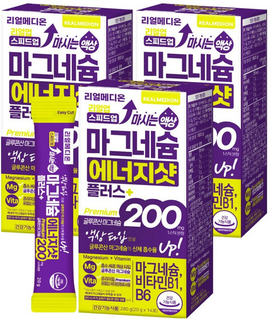 리얼메디온 리얼업 스피드업 마시는 액상 마그네슘 에너지샷 플러스 글루콘산 마그네슘 200 14p, 3개, 280g
