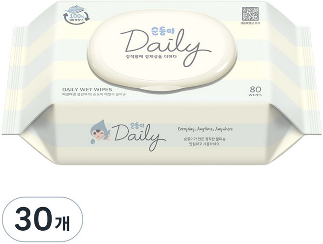순둥이 데일리 물티슈 캡형, 45g, 80매, 30개