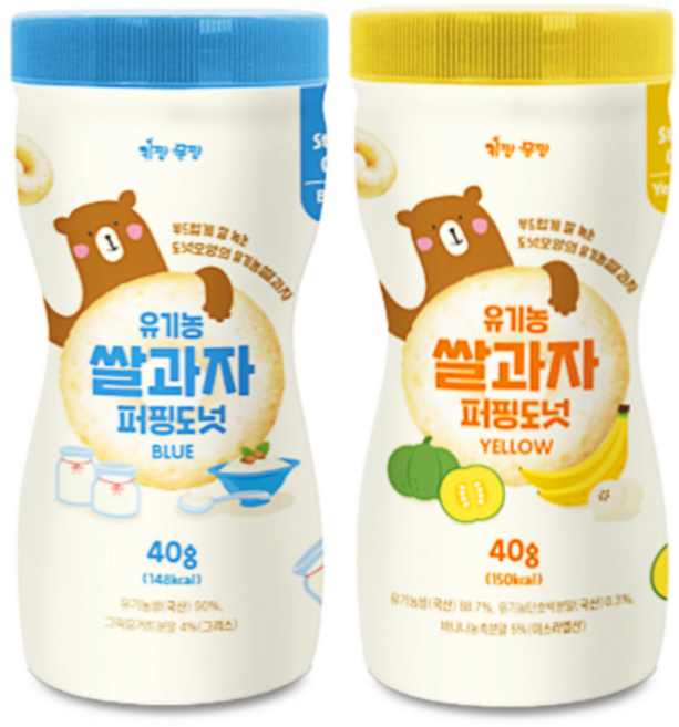 키짱몸짱 아동용 유기농 쌀과자 퍼핑도넛 2종 세트, 바나나맛,요거트맛, 40g, 1개