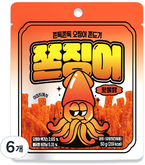 쫀슐랭 쫀징어 과자 핫불닭맛, 50g, 6개