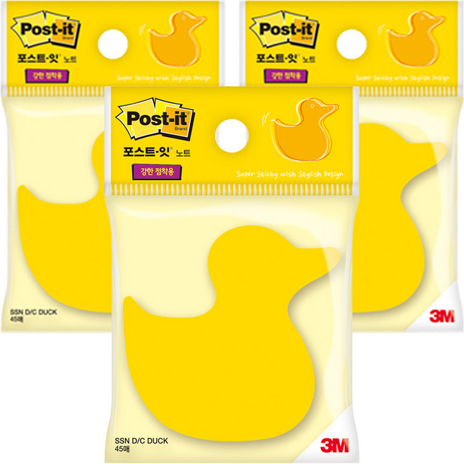 포스트잇 3M 강한점착용 모양 노트 오리 SSN DC, 노랑, 45매, 3개