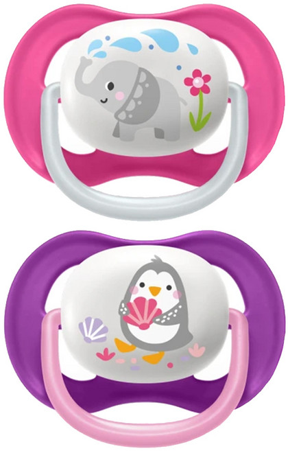 PHILIPS 飛利浦 AVENT 新安怡 Ultra Air 動物圖案安撫奶嘴組, 粉色 + 紫色, 6~18個月, 1組