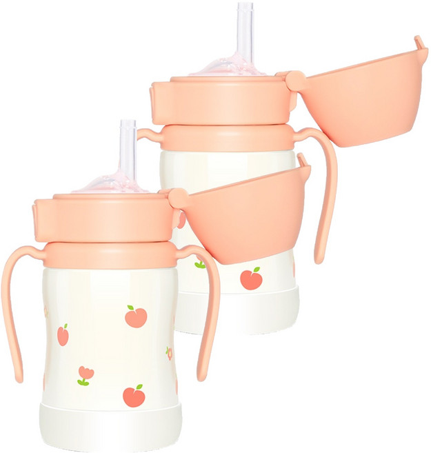 GROSMIMI 不鏽鋼吸管杯, 200ml, 2個, 玫瑰珊瑚色 + 蜜桃花色