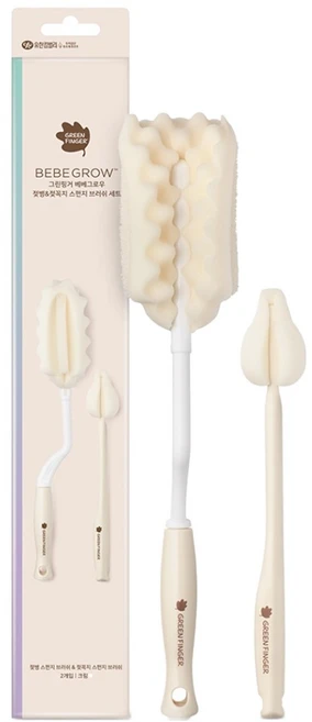 베베그로우 젖병 세척솔 + 젖꼭지 세척솔, 1세트, 크림 - 쿠팡