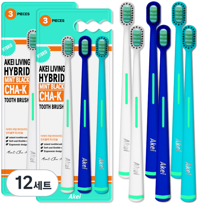 아케이 리빙 하이브리드 이중모 민트블랙 차크칫솔 3종 세트, 12세트, 3개입