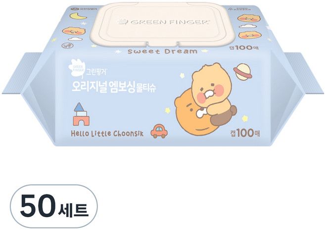 그린핑거 오리지널 엠보싱 물티슈 리틀춘식 에디션 캡형 랜덤 발송, 40g, 100개입, 50개