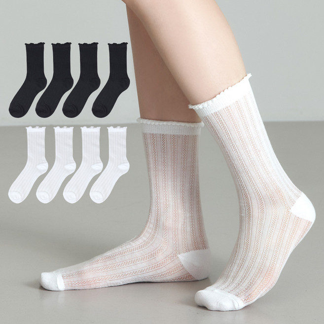 이지레그 여성용 레이스 시스루 펀칭 중목 양말 8켤레