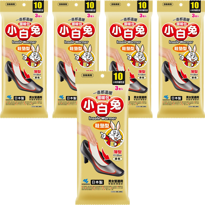 KOBAYASHI 小林製藥 小白兔 鞋墊型暖暖包 26g 3雙, 5包
