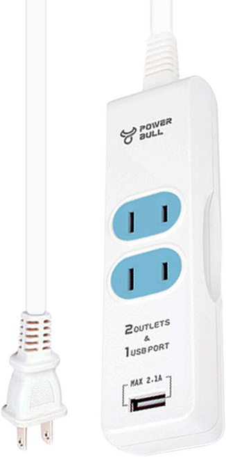 POWER BULL 動力公牛 多功能1USB2插智能延長線 2.1A 190g, 1m, 延長線 白色 + 藍色, 1條
