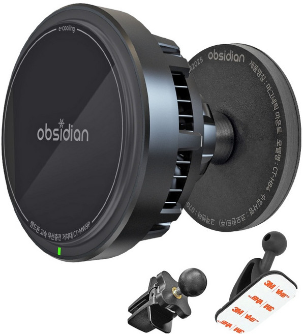 옵시디언 무선 충전 규격 Qi2 적용 자력 고정 e쿨링 차량용 무선 충전 거치대, 블랙, CT-MW9P+CT-H84