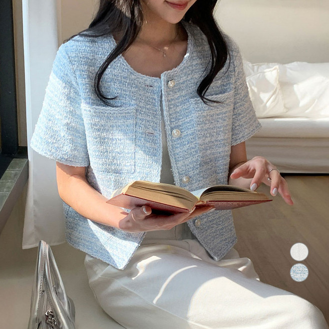 아피나르 여성용 세미크롭 반소매 간절기 트위드 자켓