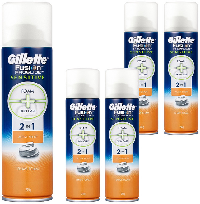 질레트 퓨전 프로글라이드 센서티브 2in1 액티브 스포츠 쉐이빙 폼, 245g, 5개