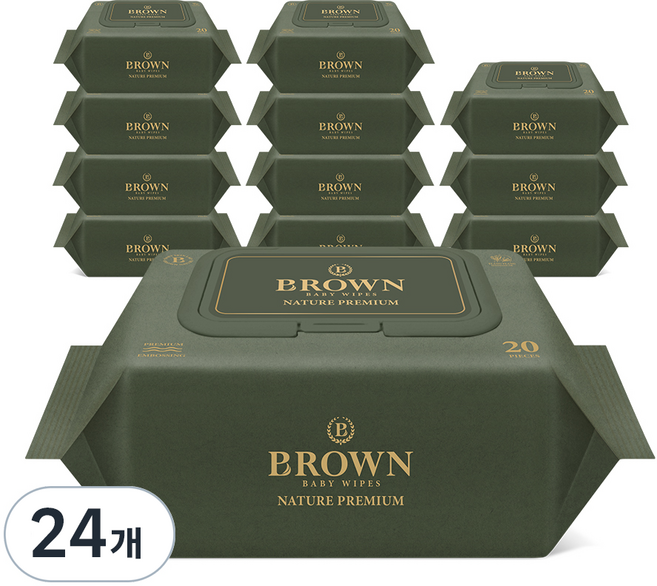 브라운 네이처 프리미엄 도톰한 아기 물티슈 엠보싱 저자극 캡형, 75g, 20매, 24개