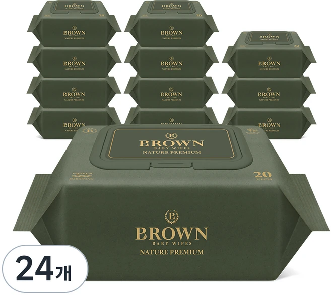 브라운 네이처 프리미엄 도톰한 아기 물티슈 엠보싱 저자극 캡형, 75g, 20매, 24개 - 쿠팡