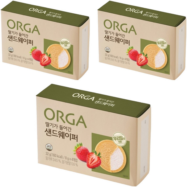 올가홀푸드 딸기가 들어간 샌드웨이퍼, 딸기맛, 32g, 3개