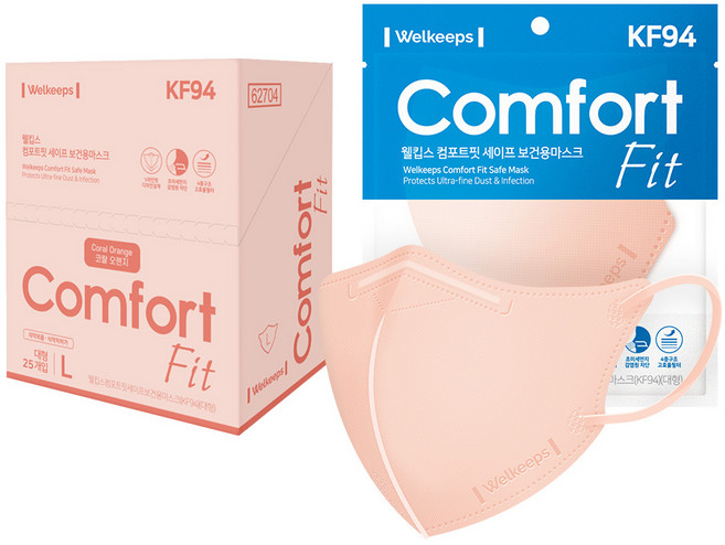 웰킵스 컴포트핏 세이프 보건용 컬러 마스크 대형 새부리형 KF94, 1개입, 25개, 코랄오렌지
