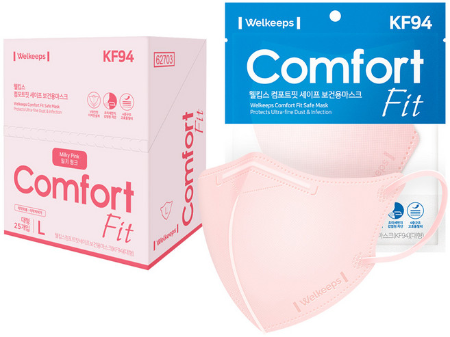 웰킵스 컴포트핏 세이프 보건용 컬러 마스크 대형 새부리형 KF94, 1개입, 25개, 핑크