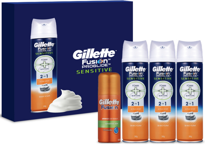 질레트 퓨전 프로글라이드 센서티브 2in1 액티브 스포츠 쉐이빙폼 245g 3개 +퓨전하이드라젤 70g 1개, 1세트