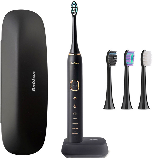 바비온 퍼펙트케어 터치슬림 음파 전동칫솔 + 칫솔모4P + 무선충전거치대 + 케이스, 블랙, 1개