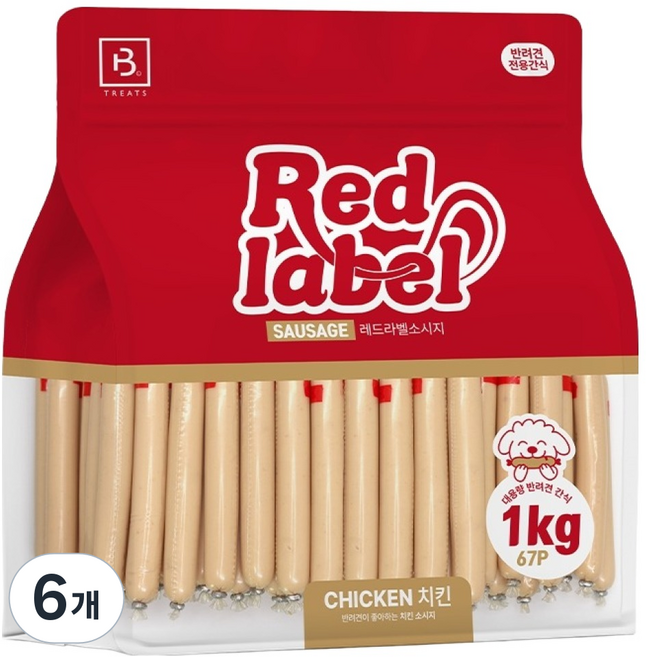 브리더랩 강아지 레드라벨 소시지 치킨 간식, 닭고기맛, 1kg, 6개