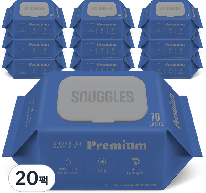 스너글스 프리미엄 유아용 피부 저자극 인증 고평량 아기물티슈 엠보싱 캡형, 20팩, 70매, 75g
