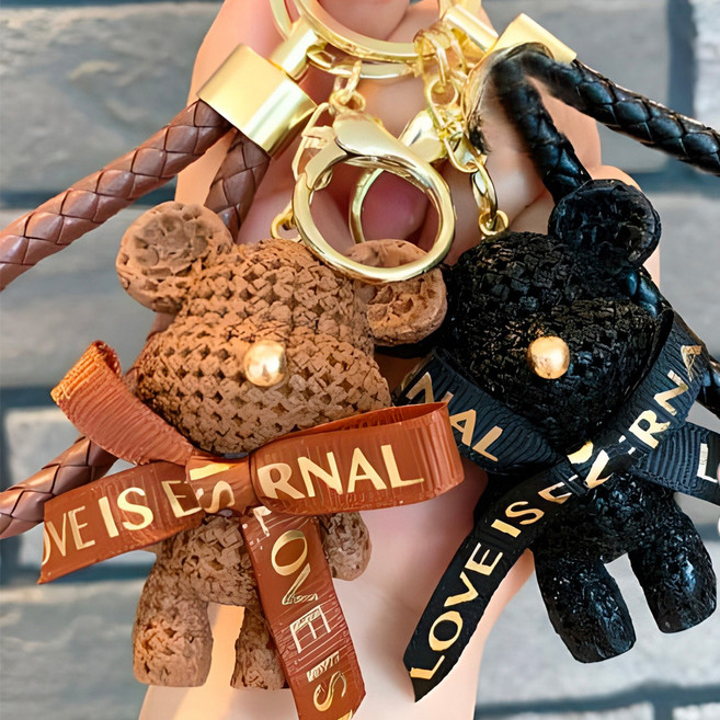 버블리데이 귀여운 니트 곰돌이 키링 열쇠고리 2종 세트, 블랙 + 브라운, 1세트