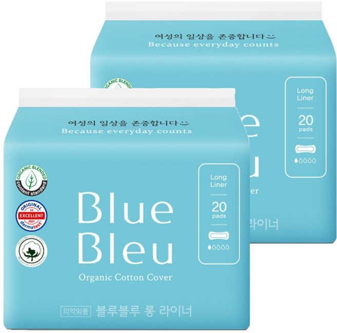 블루블루 유기농 순면커버 팬티라이너, 롱, 20개입, 2개