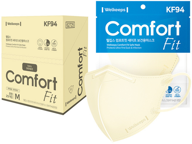 웰킵스 컴포트핏 세이프 새부리형 보건용 컬러 마스크 중형 KF94, 1개입, 25개, 아이보리