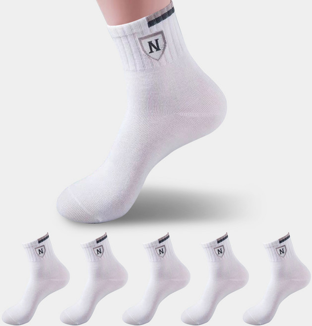 데이코지 통풍이 잘되는 남성용 프리미엄 스포츠 양말, 화이트, 5개