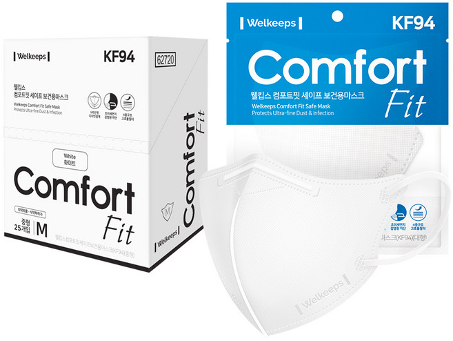 웰킵스 컴포트핏 세이프 컬러 보건용 새부리형 마스크 중형 KF94, 25개입, 1개, 화이트