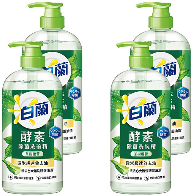 白蘭 酵素除菌洗碗精 茶樹蘆薈, 1kg, 4瓶