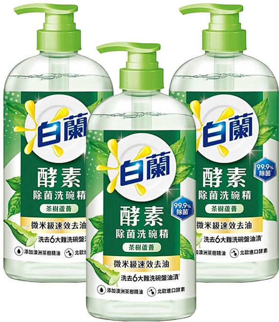白蘭 酵素除菌洗碗精 茶樹蘆薈, 1kg, 3瓶