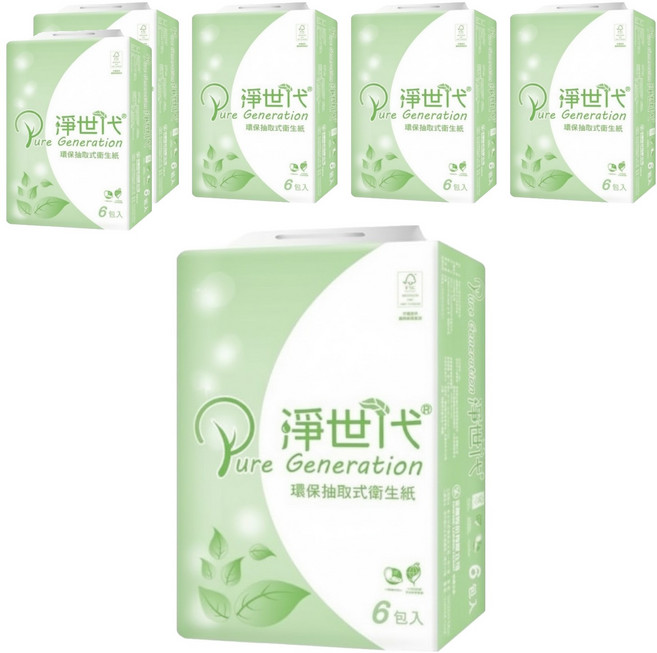 淨世代環保衛生紙抽取式 高溫殺菌 無漂白 使用再生紙漿, 6包, 6袋