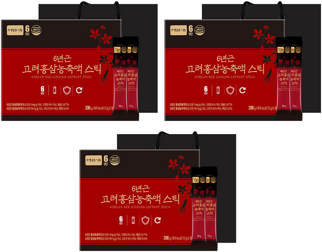 정원삼 6년근 고려홍삼 농축액 스틱 30개입 + 쇼핑백, 300g, 3세트