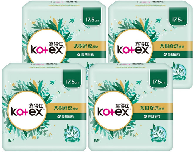 Kotex 靠得住 茶樹舒涼護墊 經期前後, 17.5cm, 18片, 4包
