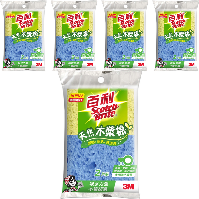 3M Scotch-Brite 百利 多用途天然木漿棉 黃色 + 藍色, 2片, 5包